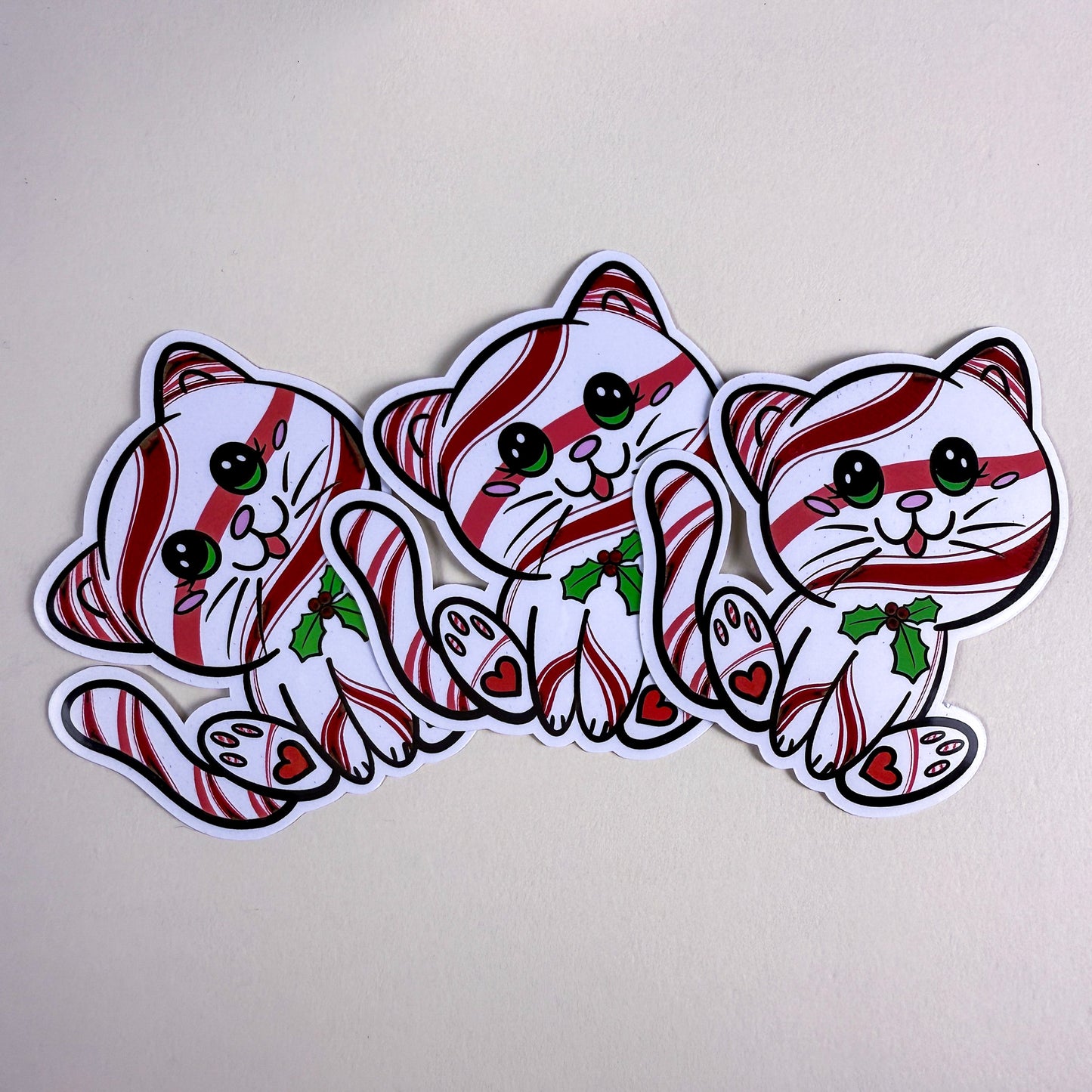 Peppermint Kittlin Holiday Cat Vinyl Glossy or Holographic Sticker