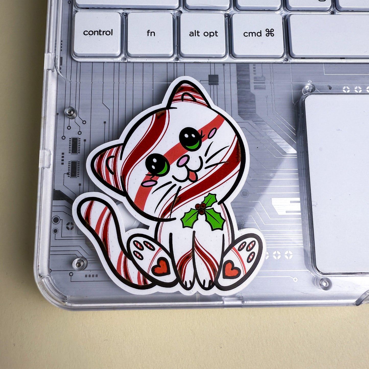 Peppermint Kittlin Holiday Cat Vinyl Glossy or Holographic Sticker