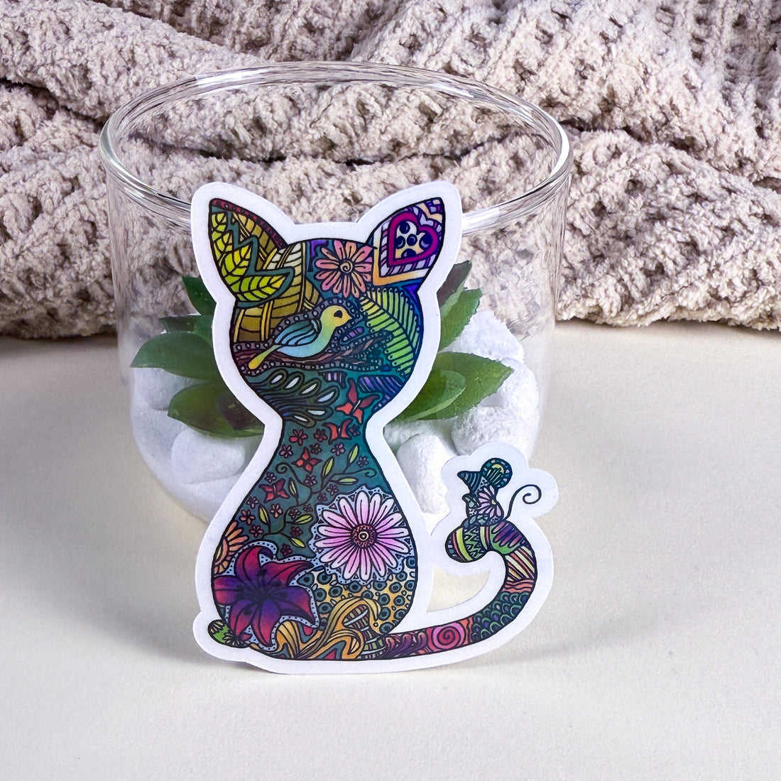 Cat and Mouse Mandala Kittlin Vinyl Sticker | 3 inch | Soft Rainbow Holographic