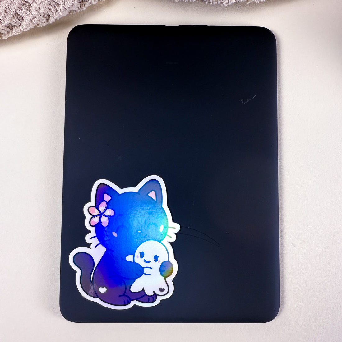 Cozy Cat Hugging Ghost Vinyl Sticker | 3 inch | Soft Rainbow Holographic