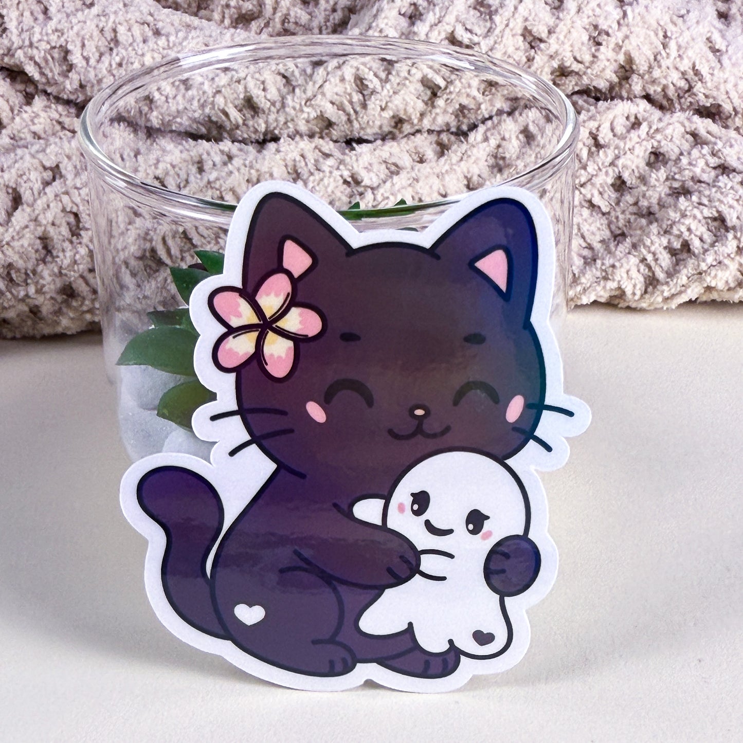 Cozy Cat Hugging Ghost Vinyl Holographic Sticker