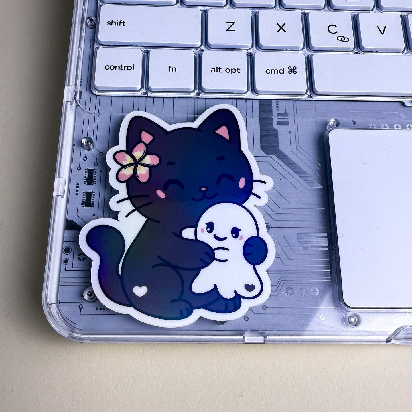 Cozy Cat Hugging Ghost Vinyl Holographic Sticker