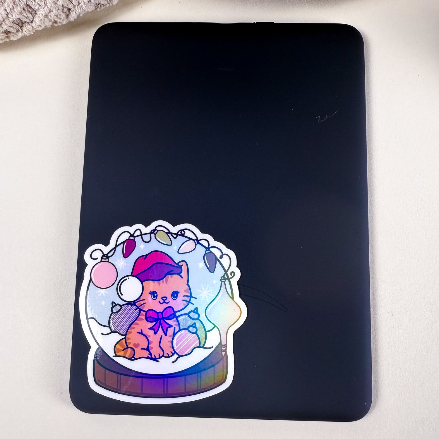 Orange Snow Globe Kittlin Vinyl Sticker | 3 inch | Holiday Cat Sticker | Soft Rainbow Holographic
