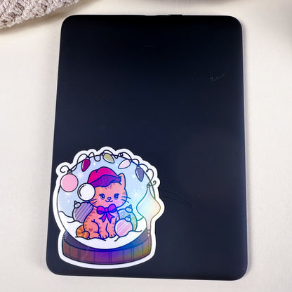 Orange Snow Globe Kittlin Vinyl Sticker | 3 inch | Holiday Cat Sticker | Soft Rainbow Holographic