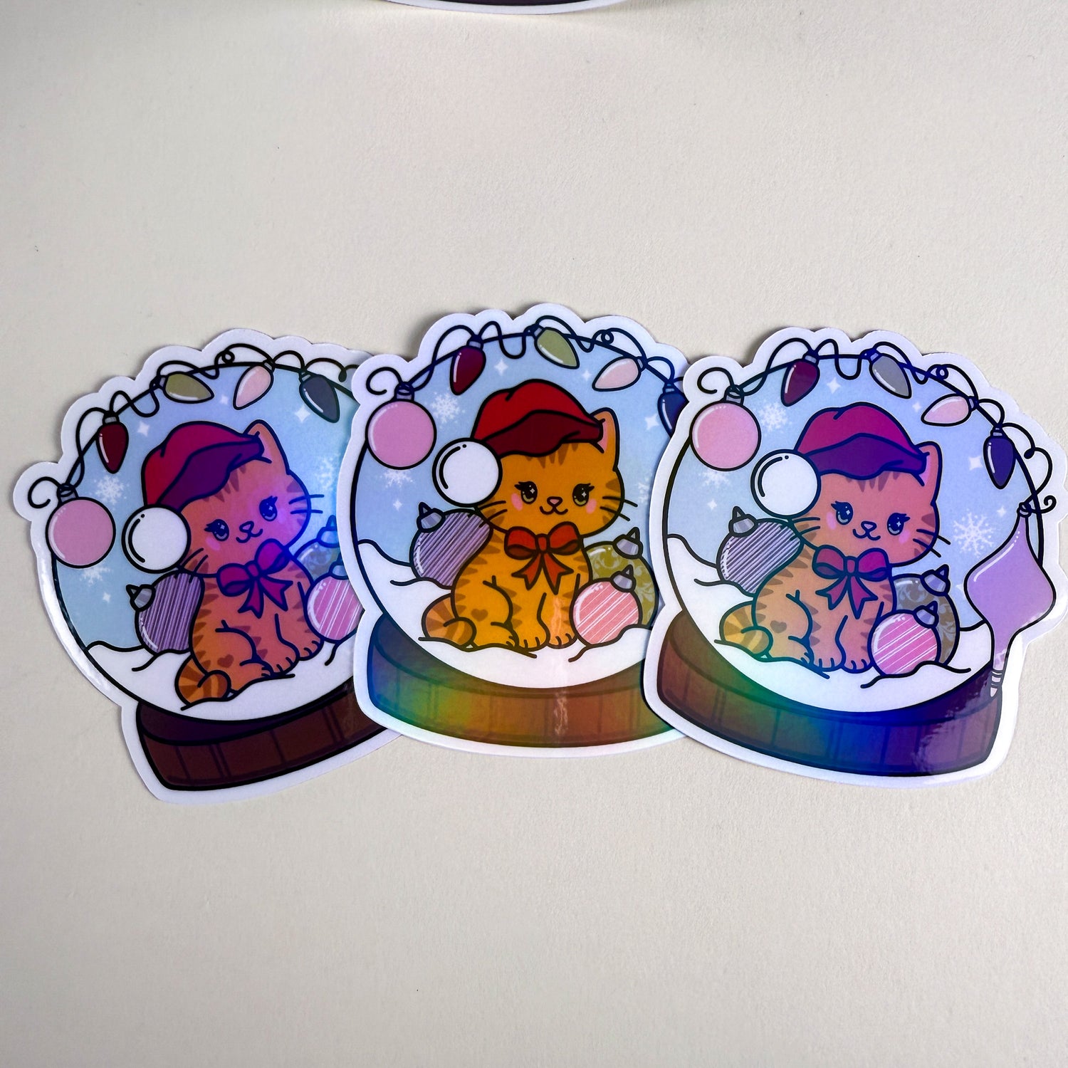Orange Snow Globe Kittlin Vinyl Sticker | 3 inch | Holiday Cat Sticker | Soft Rainbow Holographic
