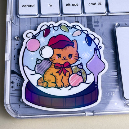 Orange Snow Globe Kittlin Vinyl Sticker | 3 inch | Holiday Cat Sticker | Soft Rainbow Holographic