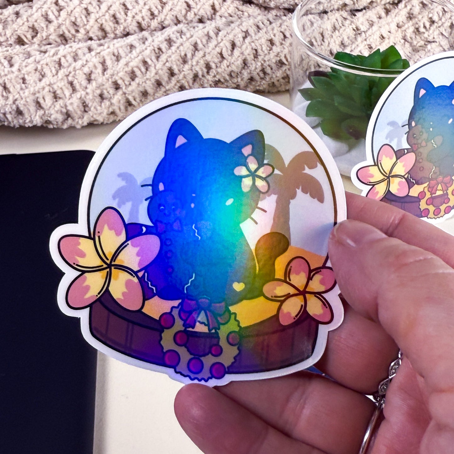 Tropical Gingerbread Snow Globe Cat Vinyl Holographic Sticker