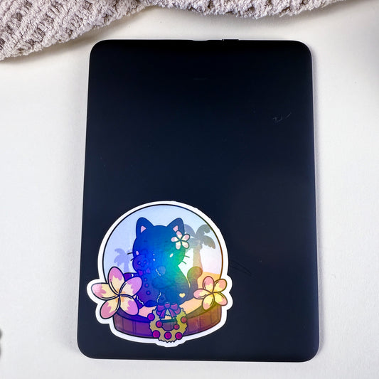 Tropical Gingerbread Snow Globe Cat Vinyl Holographic Sticker