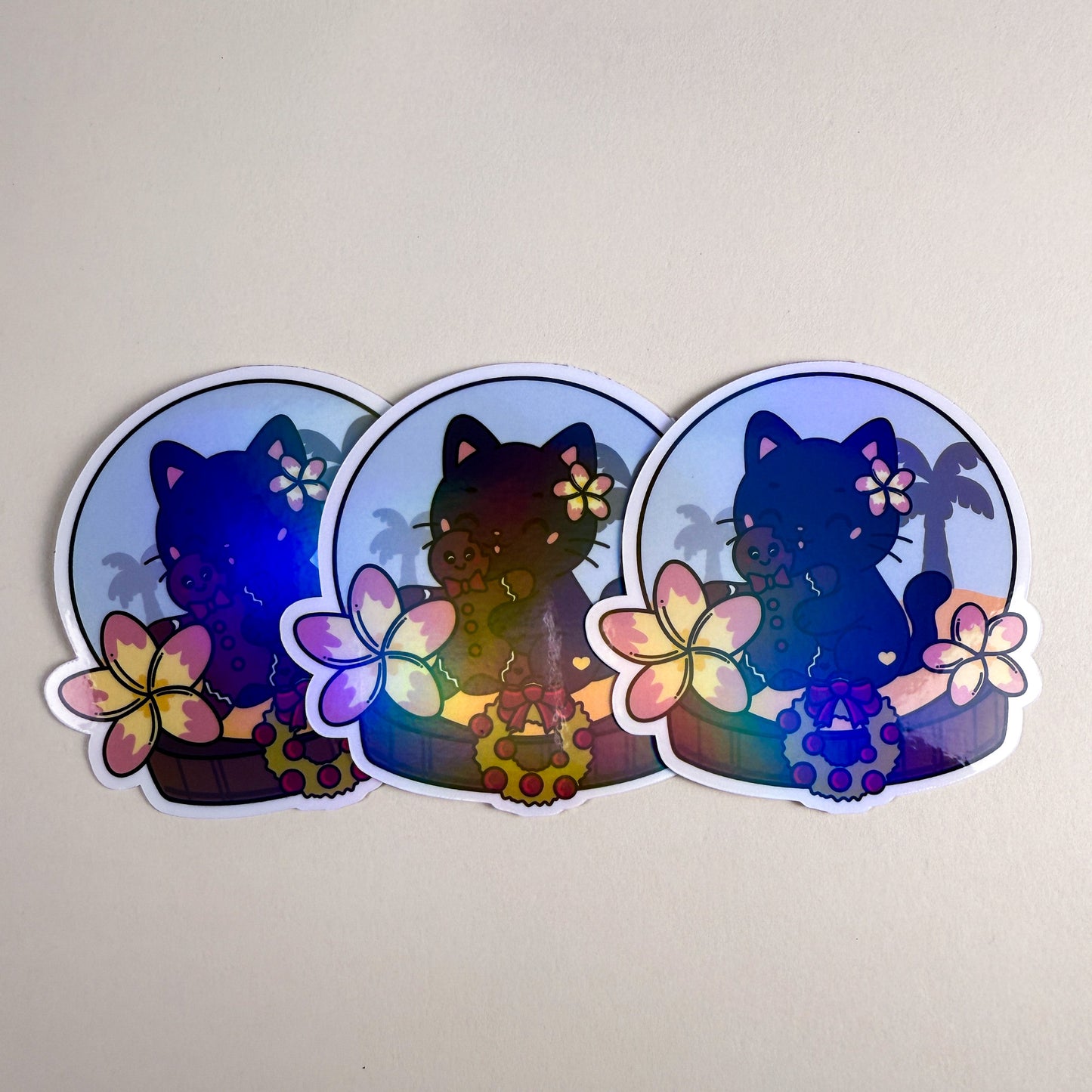 Tropical Gingerbread Snow Globe Cat Vinyl Holographic Sticker