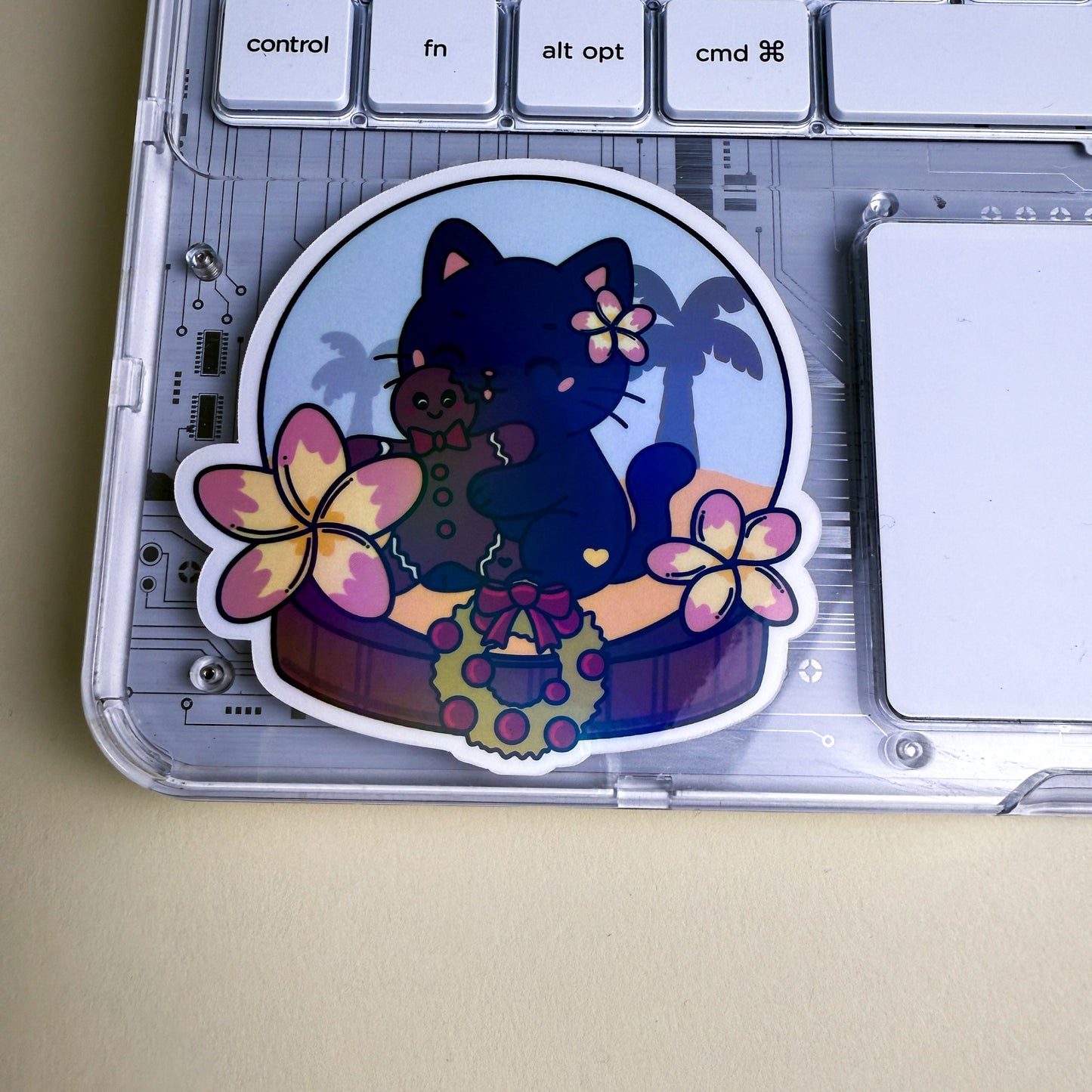 Tropical Gingerbread Snow Globe Cat Vinyl Holographic Sticker