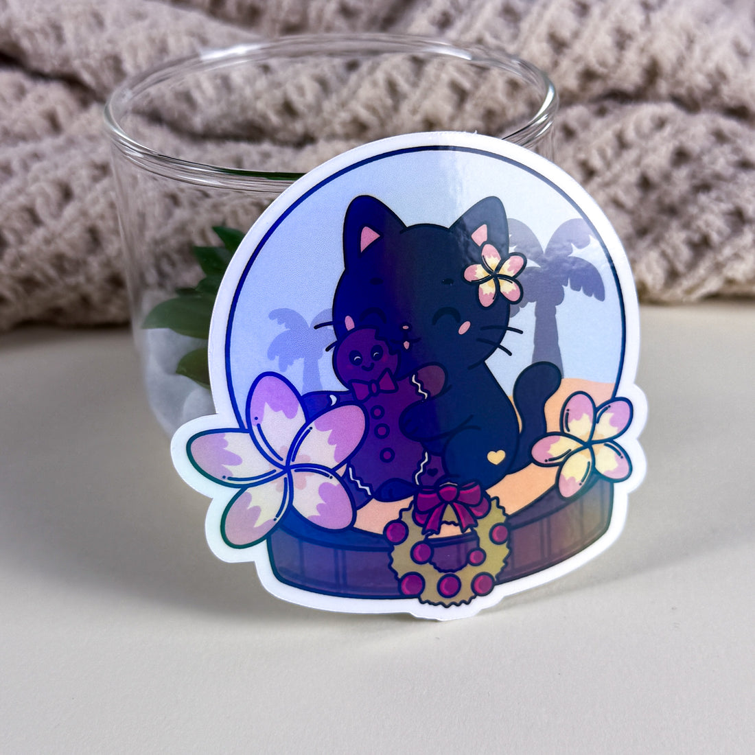 Tropical Gingerbread Snow Globe Kittlin Vinyl Sticker | 3 inch | Holiday Cat Sticker | Soft Rainbow Holographic