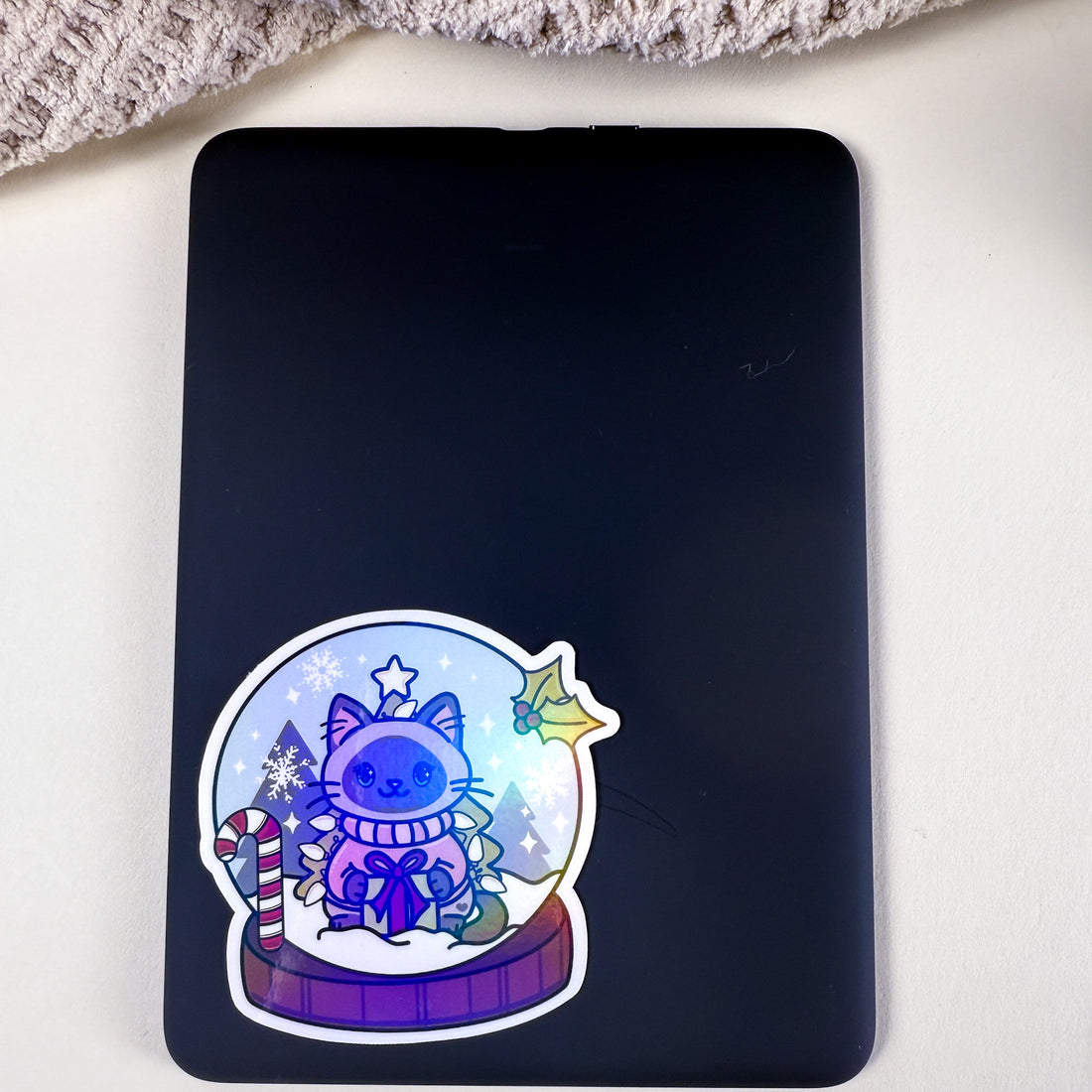 Siamese Snow Globe Kittlin Vinyl Sticker | 3 inch | Holiday Cat Sticker | Soft Rainbow Holographic