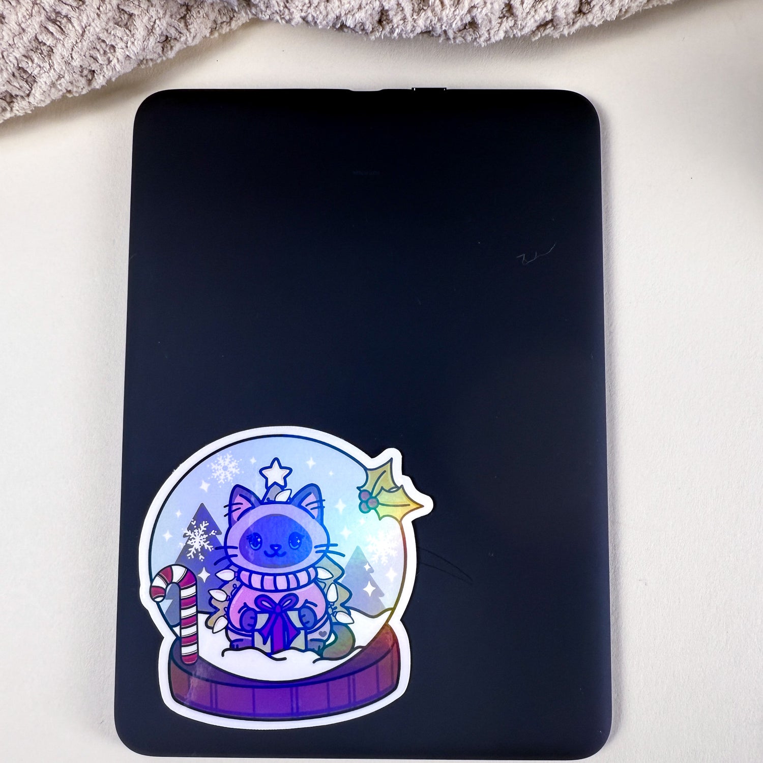 Siamese Snow Globe Kittlin Vinyl Sticker | 3 inch | Holiday Cat Sticker | Soft Rainbow Holographic