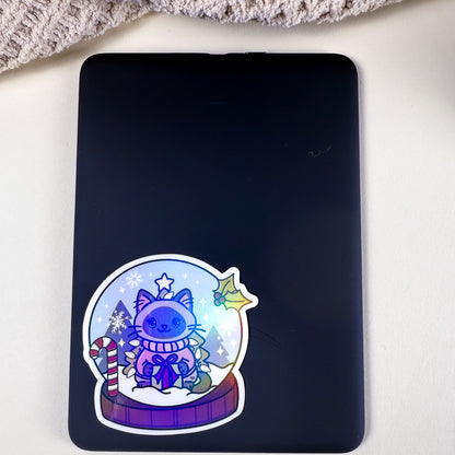 Siamese Snow Globe Kittlin Vinyl Sticker | 3 inch | Holiday Cat Sticker | Soft Rainbow Holographic