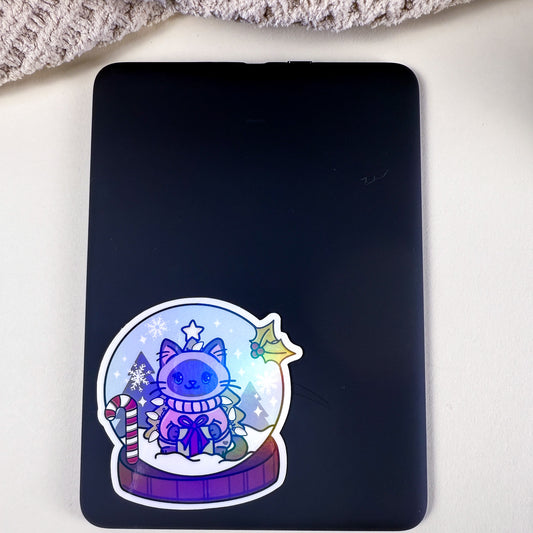 Siamese Snow Globe Cat Vinyl Holographic Sticker