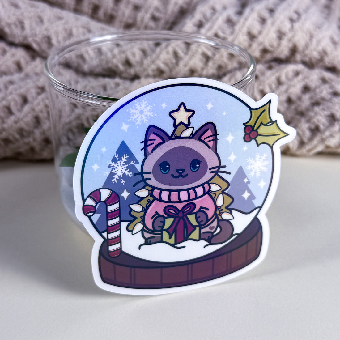 Siamese Snow Globe Kittlin Vinyl Sticker | 3 inch | Holiday Cat Sticker | Soft Rainbow Holographic