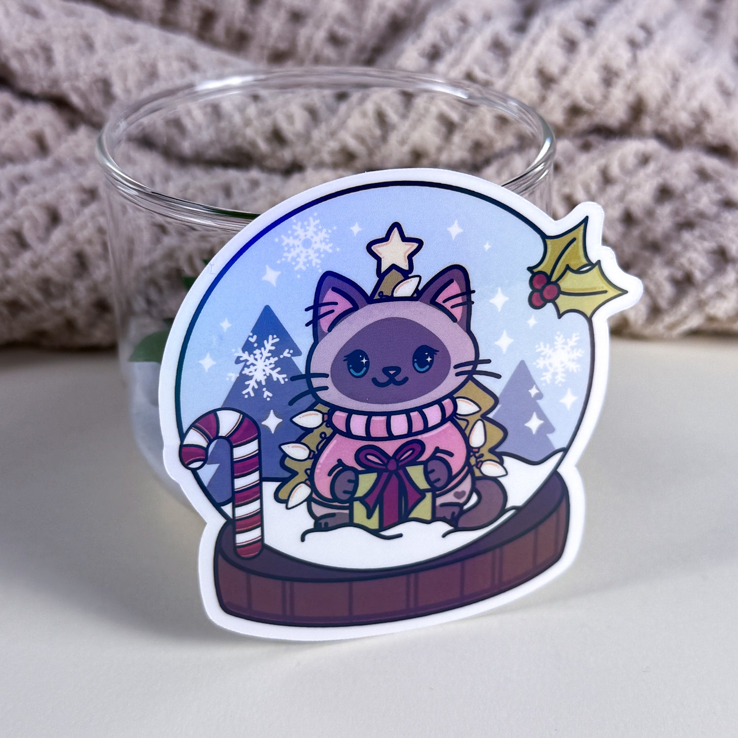 Siamese Snow Globe Kittlin Vinyl Sticker | 3 inch | Holiday Cat Sticker | Soft Rainbow Holographic