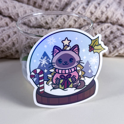 Siamese Snow Globe Kittlin Vinyl Sticker | 3 inch | Holiday Cat Sticker | Soft Rainbow Holographic