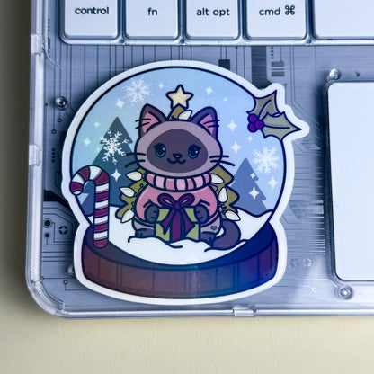 Siamese Snow Globe Kittlin Vinyl Sticker | 3 inch | Holiday Cat Sticker | Soft Rainbow Holographic