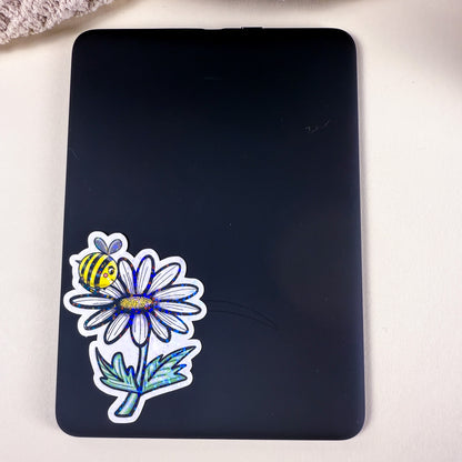 Cute Bee &amp; Daisy Vinyl Sticker - 3 inch | Waterproof Floral Bee Sticker | Glossy &amp; Holographic