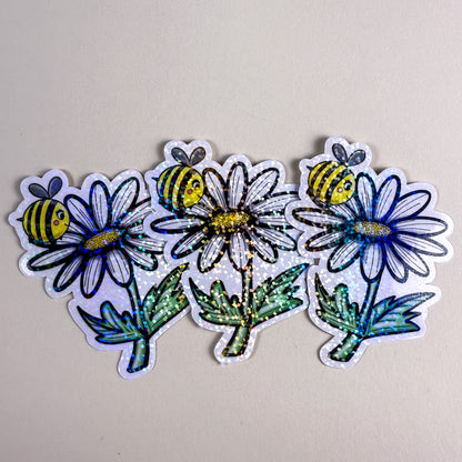 Cute Bee &amp; Daisy Vinyl Sticker - 3 inch | Waterproof Floral Bee Sticker | Glossy &amp; Holographic