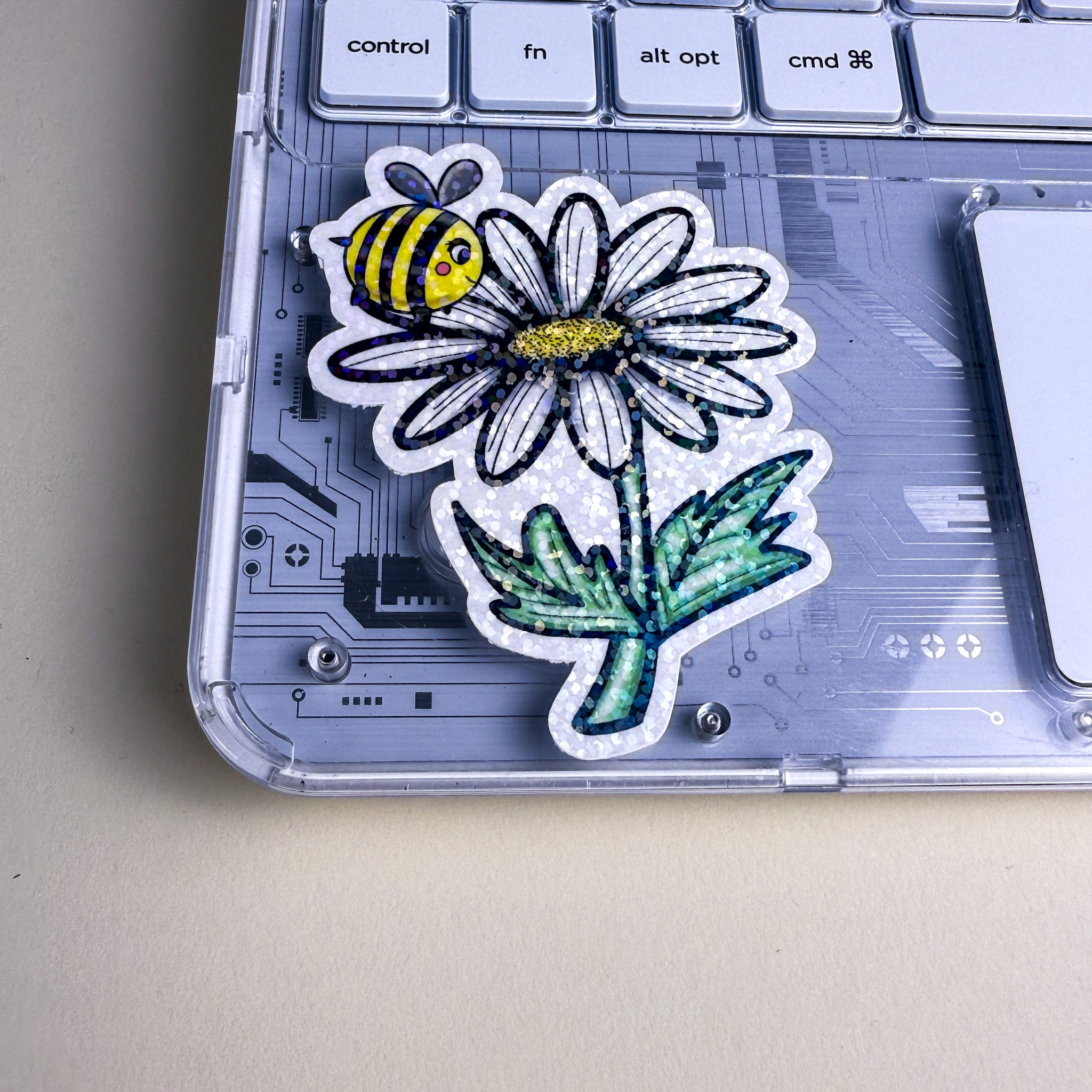 Cute Bee &amp; Daisy Vinyl Sticker - 3 inch | Waterproof Floral Bee Sticker | Glossy &amp; Holographic