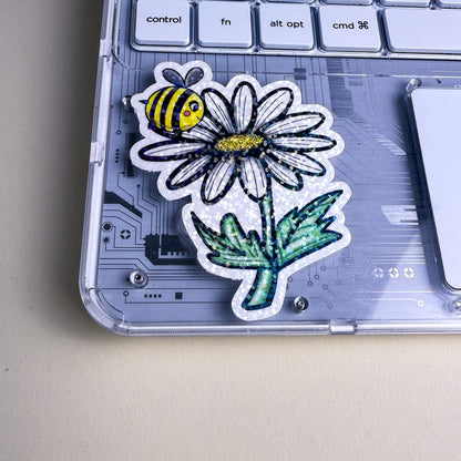 Cute Bee &amp; Daisy Vinyl Sticker - 3 inch | Waterproof Floral Bee Sticker | Glossy &amp; Holographic