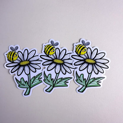 Cute Bee &amp; Daisy Vinyl Sticker - 3 inch | Waterproof Floral Bee Sticker | Glossy &amp; Holographic