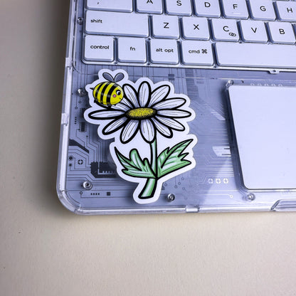 Cute Bee &amp; Daisy Vinyl Sticker - 3 inch | Waterproof Floral Bee Sticker | Glossy &amp; Holographic