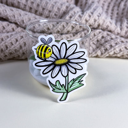 Cute Bee &amp; Daisy Vinyl Sticker - 3 inch | Waterproof Floral Bee Sticker | Glossy &amp; Holographic