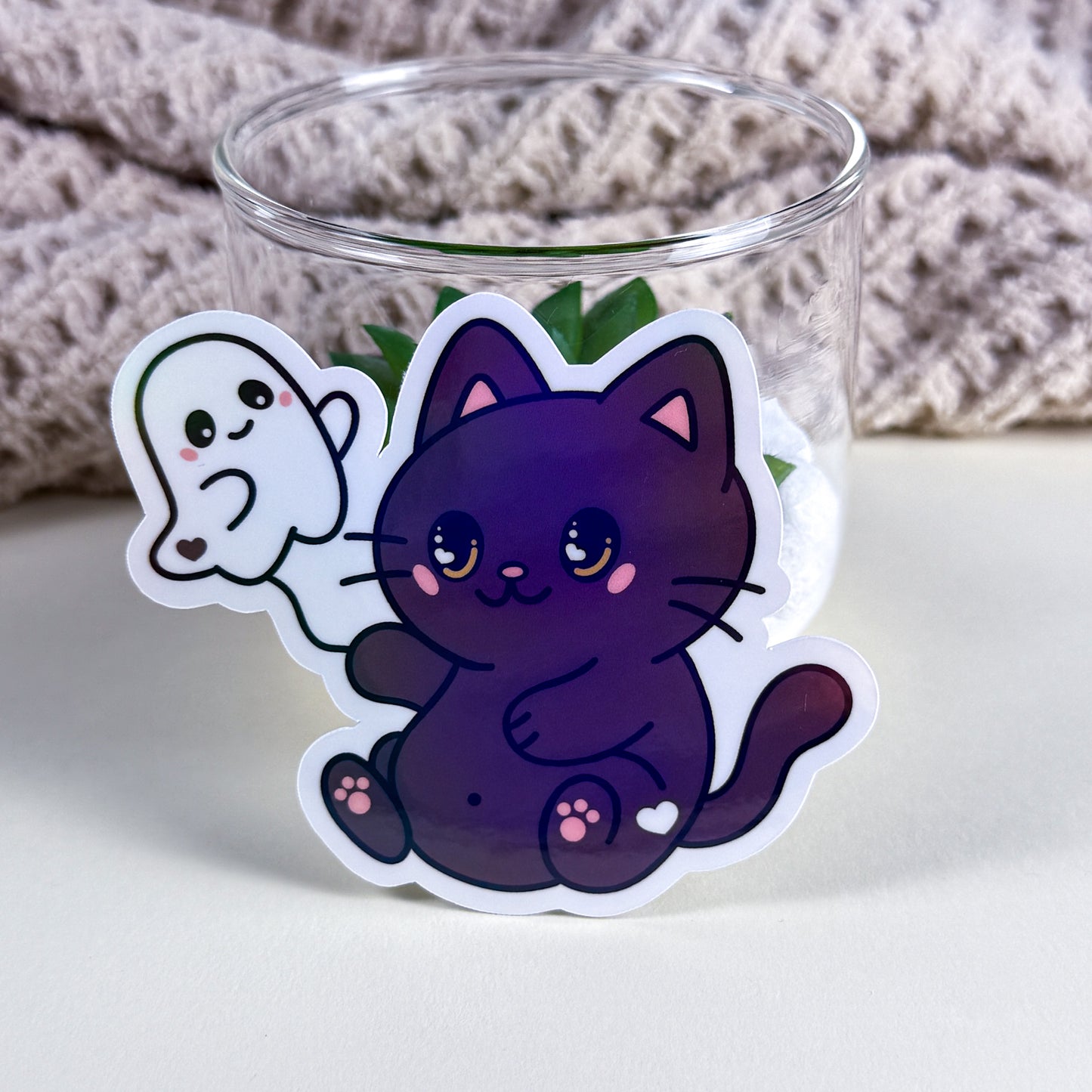 Spooky Cat & Ghost Vinyl Holographic Sticker