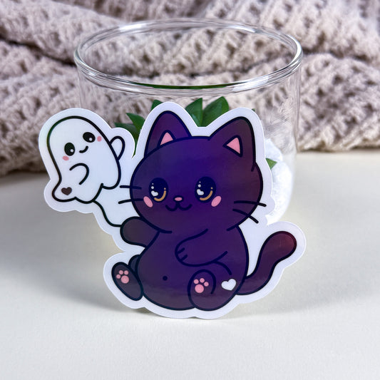 Spooky Cat & Ghost Vinyl Holographic Sticker