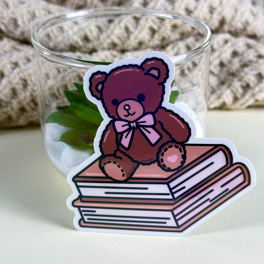 Teddy on Books Vinyl Sticker | 3 inch | Cozy Reader Sticker | Soft Rainbow Holographic