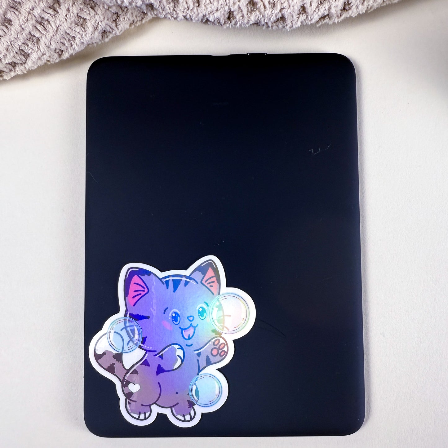 Gray Bubble Bath Cat Vinyl Holographic Sticker