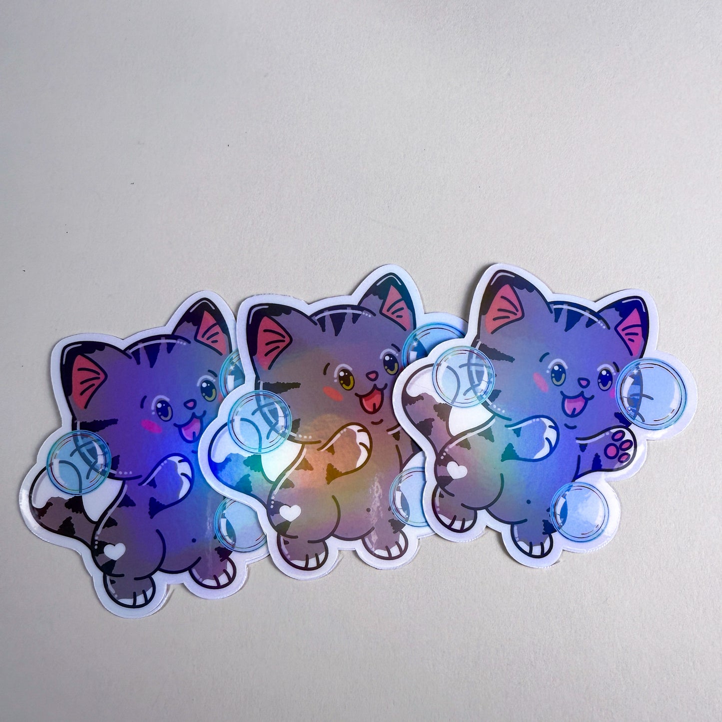 Gray Bubble Bath Cat Vinyl Holographic Sticker