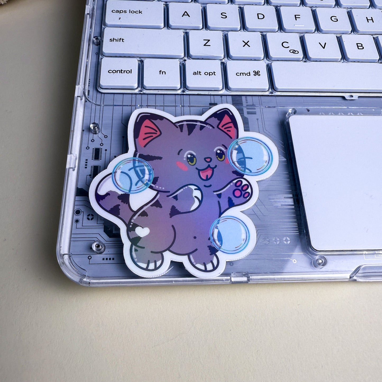 Gray Bubble Bath Cat Vinyl Holographic Sticker