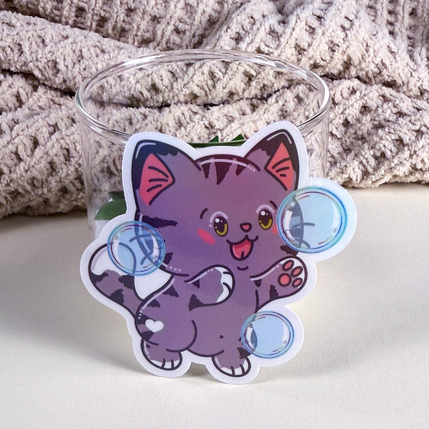 Gray Bubble Bath Cat Vinyl Holographic Sticker