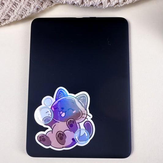 Siamese Bubble Bath Cat Vinyl Holographic Sticker