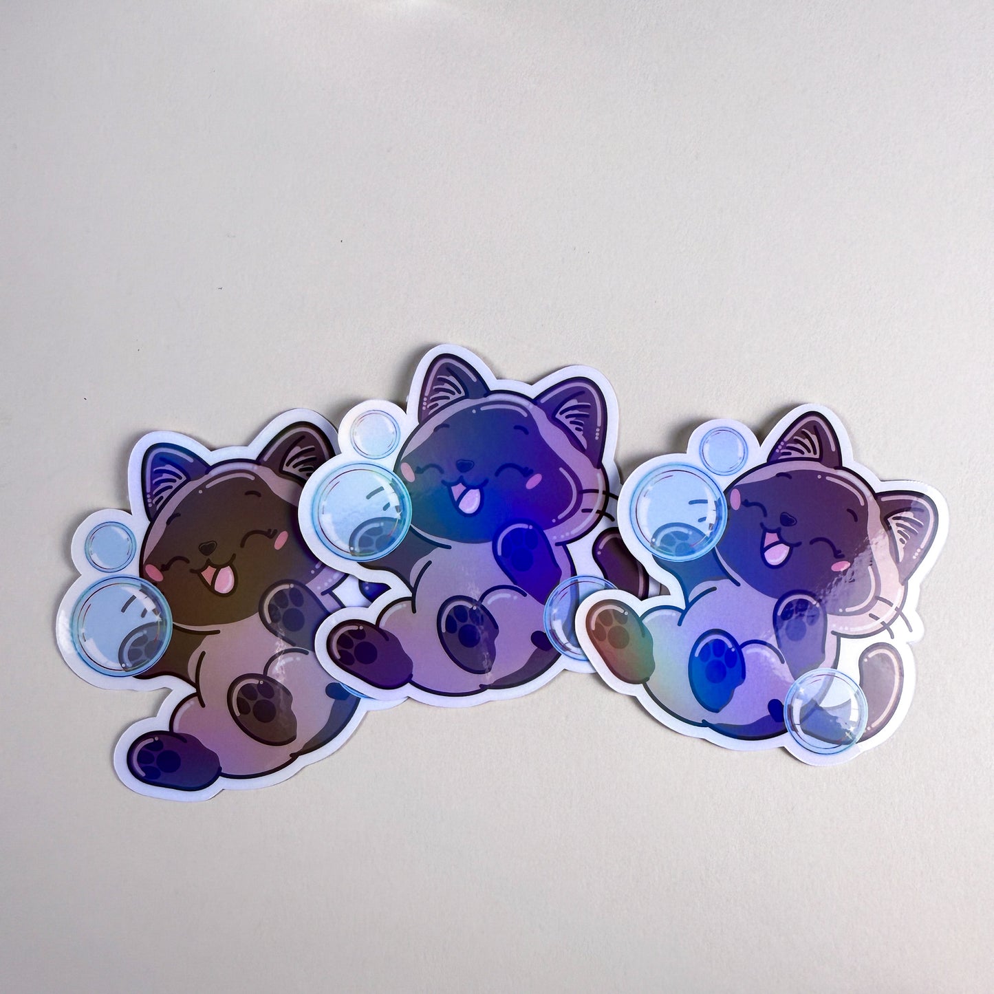 Siamese Bubble Bath Cat Vinyl Holographic Sticker