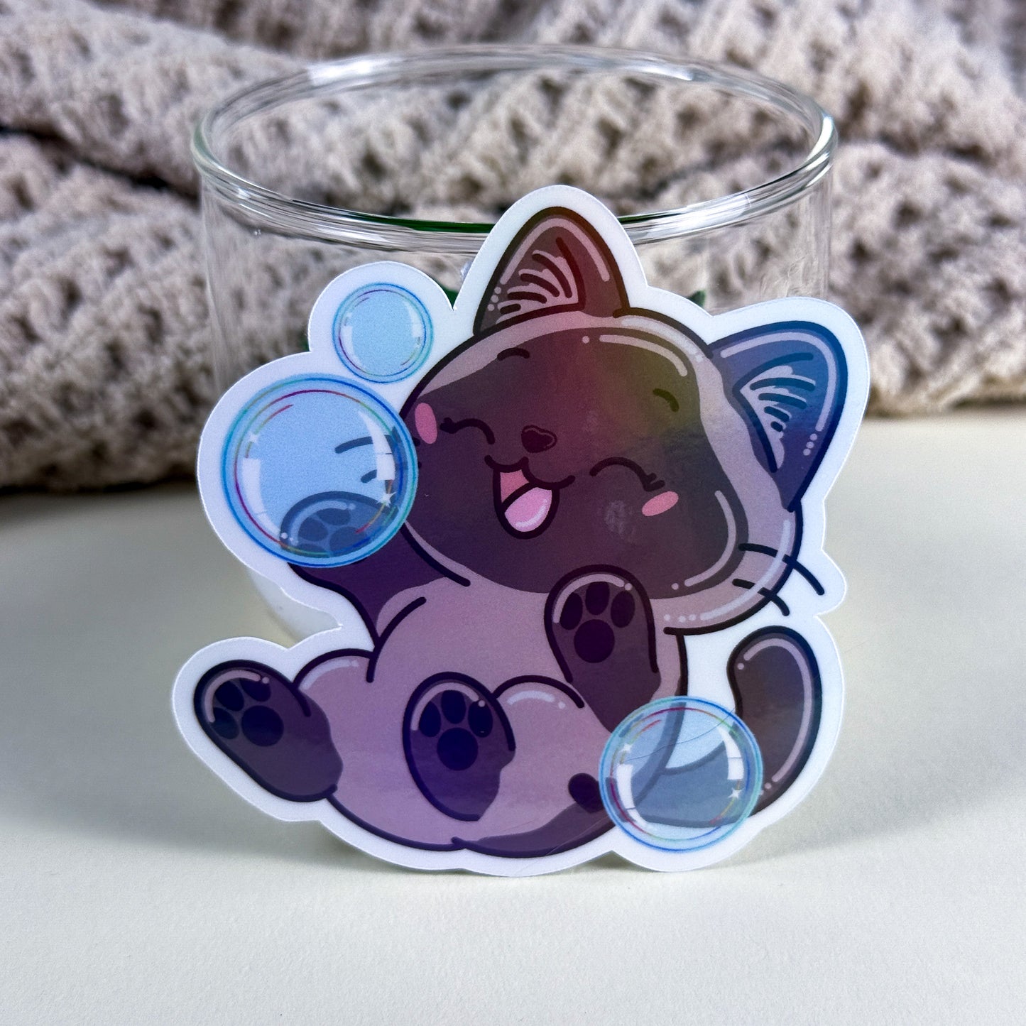 Siamese Bubble Bath Cat Vinyl Holographic Sticker