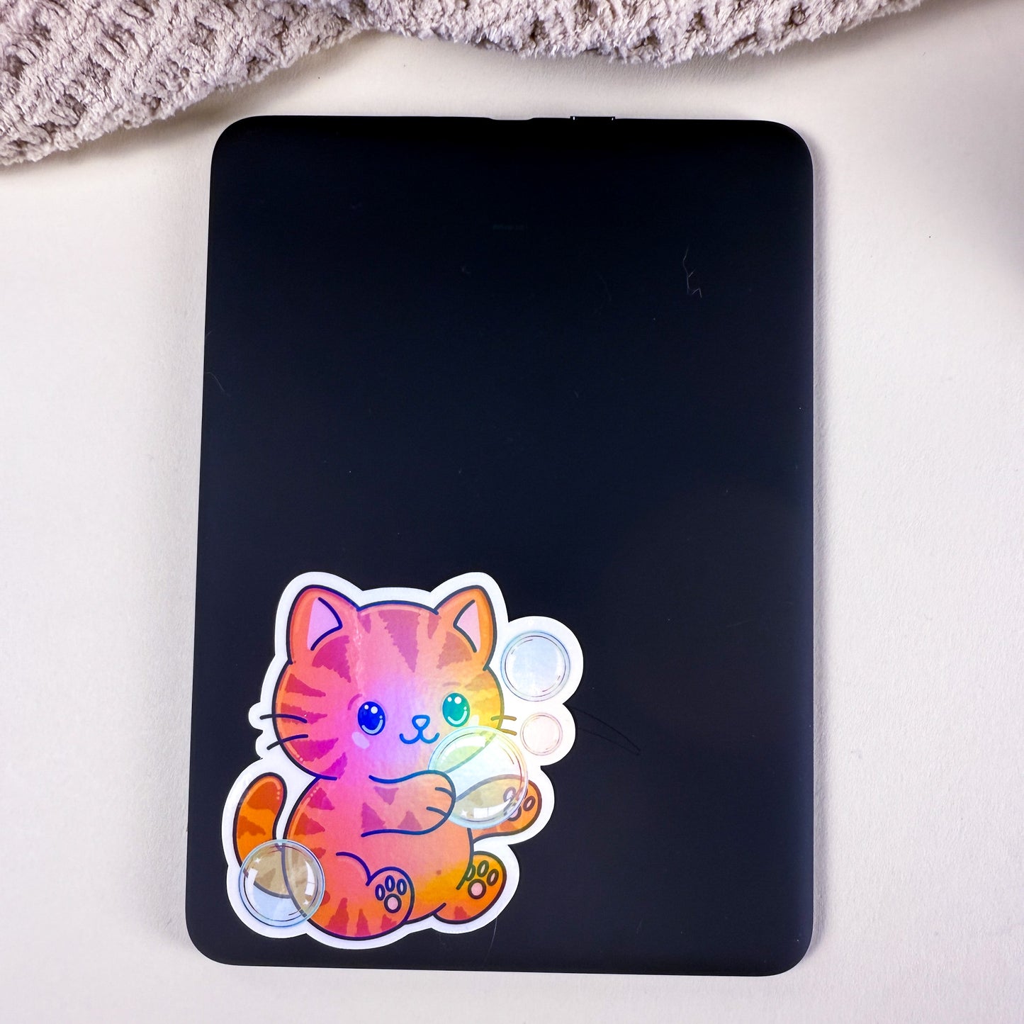 Orange Bubble Bath Cat Vinyl Holographic Sticker
