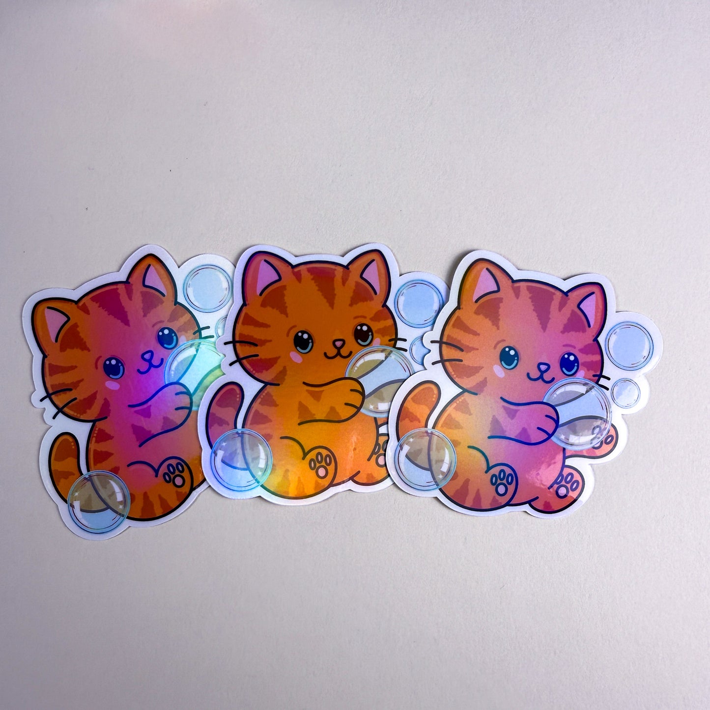 Orange Bubble Bath Cat Vinyl Holographic Sticker