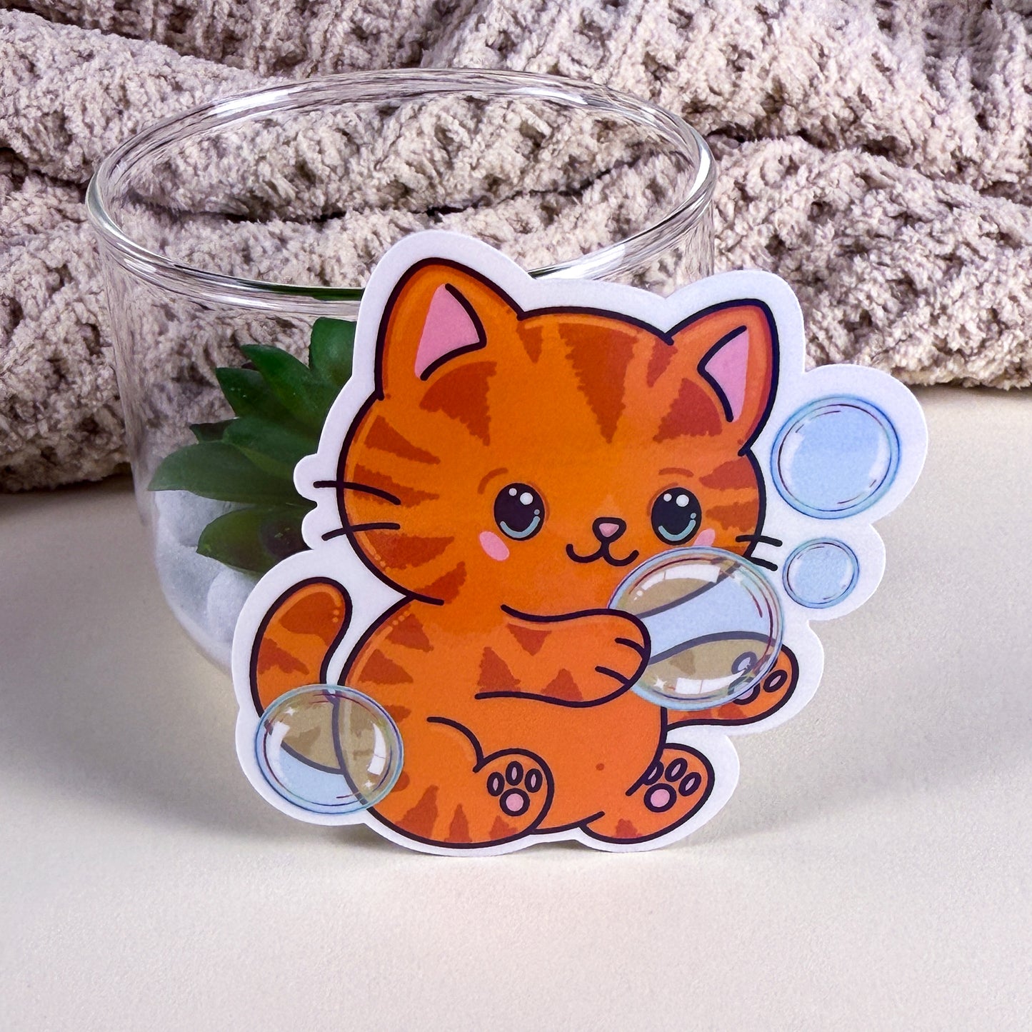 Orange Bubble Bath Cat Vinyl Holographic Sticker
