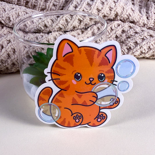 Orange Bubble Bath Cat Vinyl Holographic Sticker